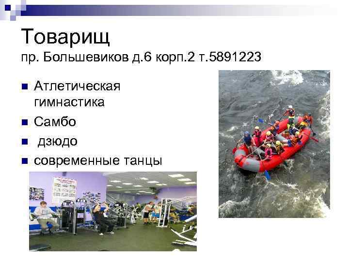 Товарищ пр. Большевиков д. 6 корп. 2 т. 5891223 n n Атлетическая гимнастика Самбо