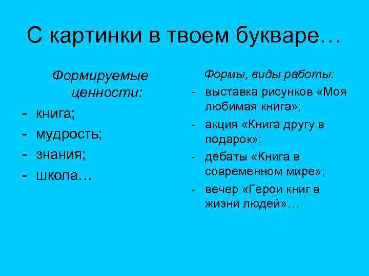 С картинки в твоем букваре… - Формируемые ценности: книга; мудрость; знания; школа… - Формы,