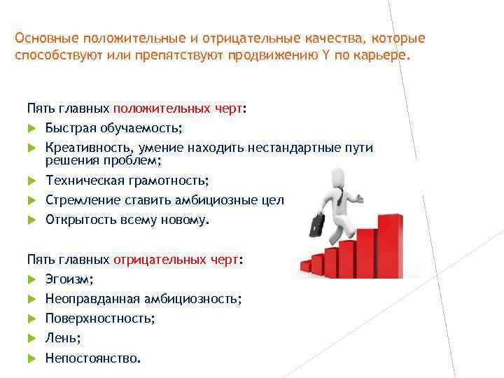 Основные положительные и отрицательные качества, которые способствуют или препятствуют продвижению Y по карьере. Пять