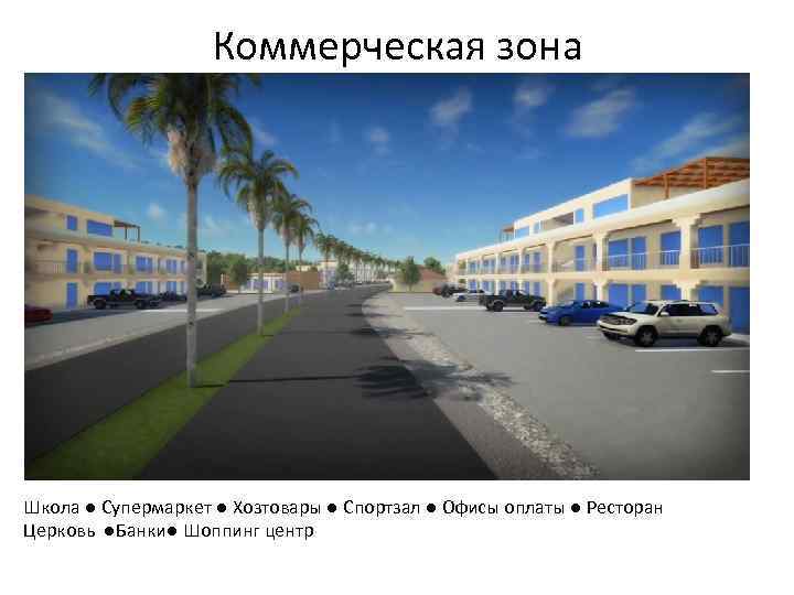 Коммерческая зона Школа ● Супермаркет ● Хозтовары ● Спортзал ● Офисы оплаты ● Ресторан