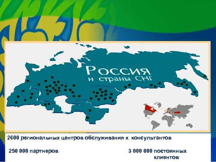 2600 региональных центров обслуживания к консультантов 250 000 партнеров 3 000 постоянных клиентов 