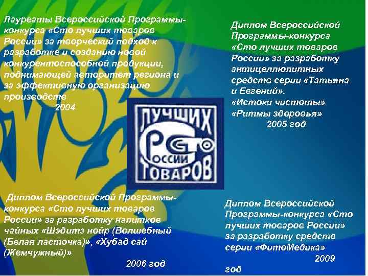 Лауреаты Всероссийской Программыконкурса «Сто лучших товаров России» за творческий подход к разработке и созданию