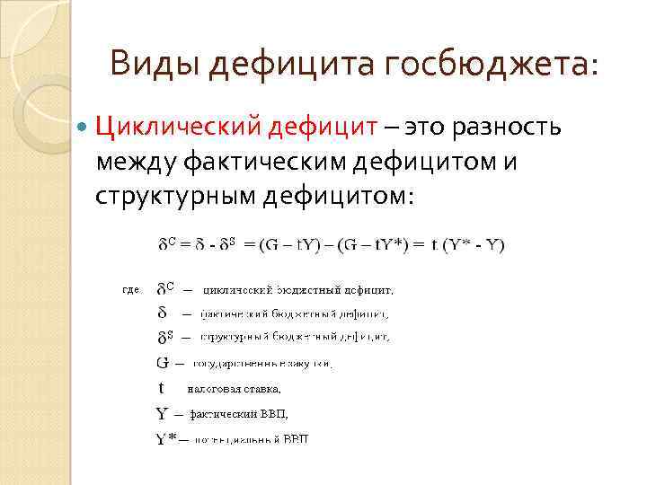 Виды дефицита госбюджета: Циклический дефицит – это разность между фактическим дефицитом и структурным дефицитом: