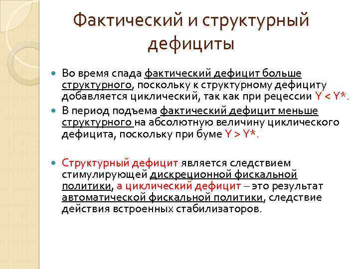 Фактический и структурный дефициты Во время спада фактический дефицит больше структурного, поскольку к структурному