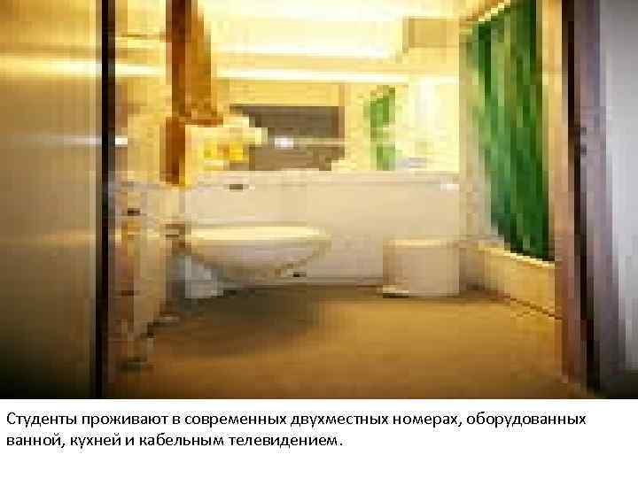 Студенты проживают в современных двухместных номерах, оборудованных ванной, кухней и кабельным телевидением. 