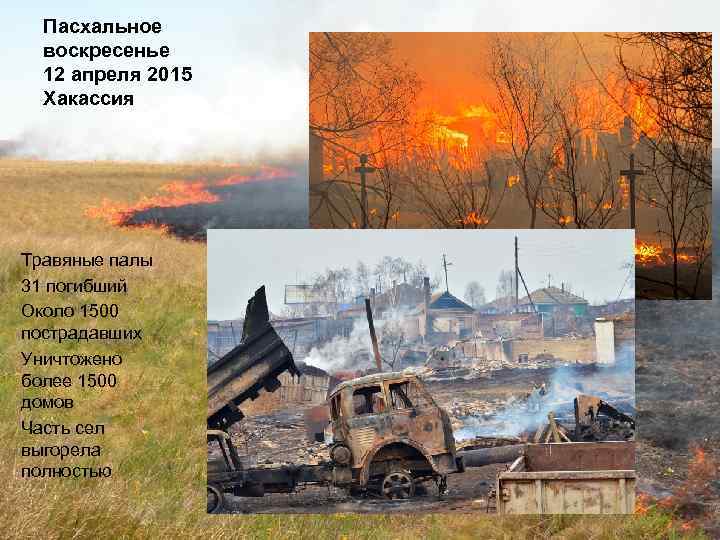 Пасхальное воскресенье 12 апреля 2015 Хакассия Травяные палы 31 погибший Около 1500 пострадавших Уничтожено