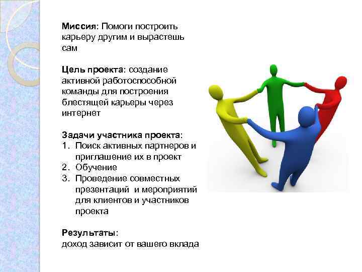 Миссия: Помоги построить карьеру другим и вырастешь сам Цель проекта: создание активной работоспособной команды
