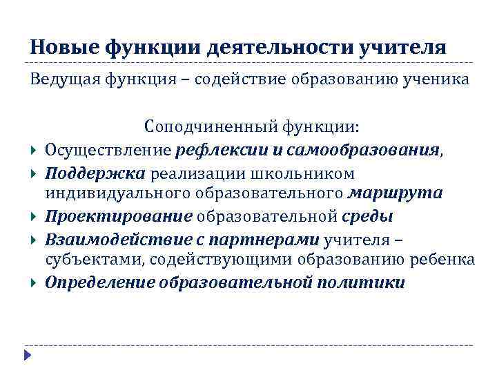 Новые функции деятельности учителя Ведущая функция – содействие образованию ученика Соподчиненный функции: Осуществление рефлексии