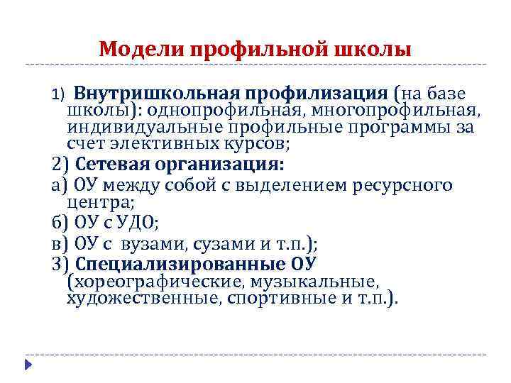 Модели профильной школы 1) Внутришкольная профилизация (на базе школы): однопрофильная, многопрофильная, индивидуальные профильные программы