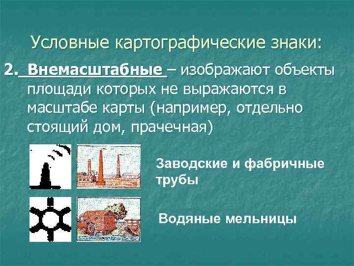 Условные картографические знаки: 2. Внемасштабные – изображают объекты площади которых не выражаются в масштабе