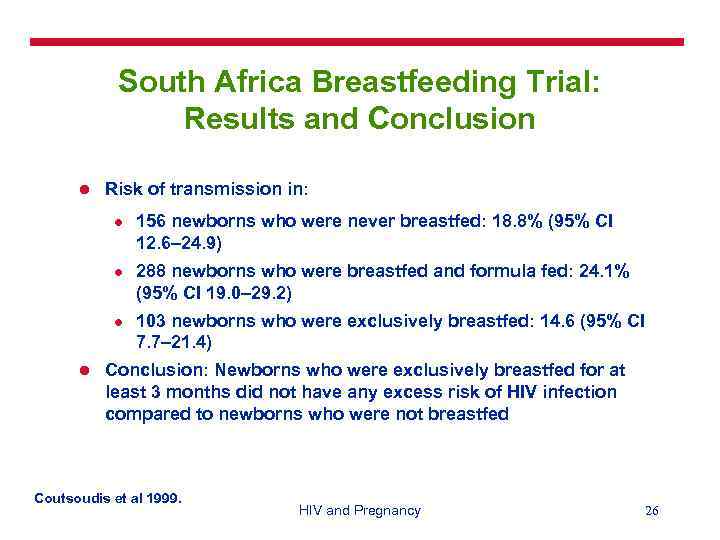 South Africa Breastfeeding Trial: Results and Conclusion l Risk of transmission in: l l