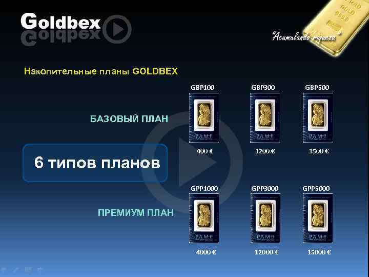 Накопительные планы GOLDBEX GBP 100 GBP 300 GBP 500 400 € 1200 € 1500