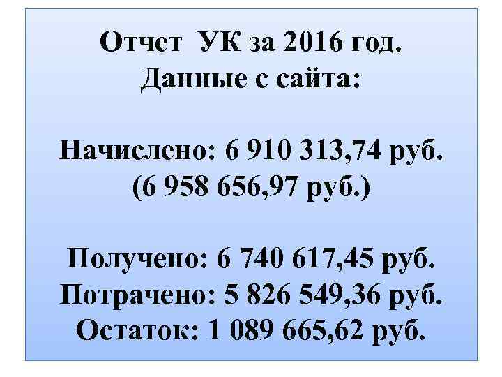 Отчет УК за 2016 год. Данные с сайта: Начислено: 6 910 313, 74 руб.
