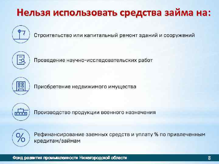 Нельзя использовать средства займа на: Фонд развития промышленности Нижегородской области 8 