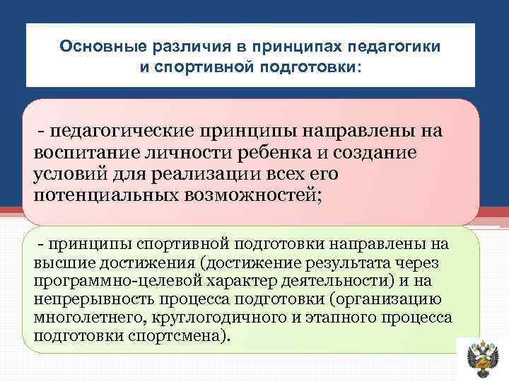 Основные различия в принципах педагогики и спортивной подготовки: - педагогические принципы направлены на воспитание