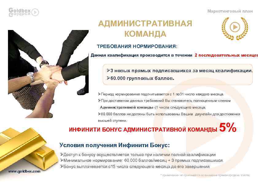 Маркетинговый план АДМИНИСТРАТИВНАЯ КОМАНДА ТРЕБОВАНИЯ НОРМИРОВАНИЯ: Данная квалификация производится в течении 2 последовательных месяцев