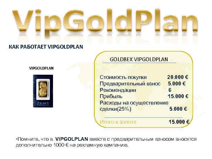 КАК РАБОТАЕТ VIPGOLDPLAN GOLDBEX VIPGOLDPLAN Стоимость покупки 20. 000 € Предварительный взнос 5. 000