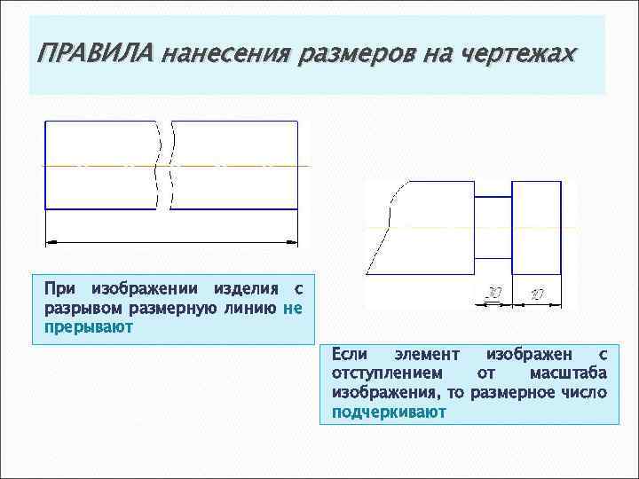 ПРАВИЛА нанесения размеров на чертежах При изображении изделия с разрывом размерную линию не прерывают