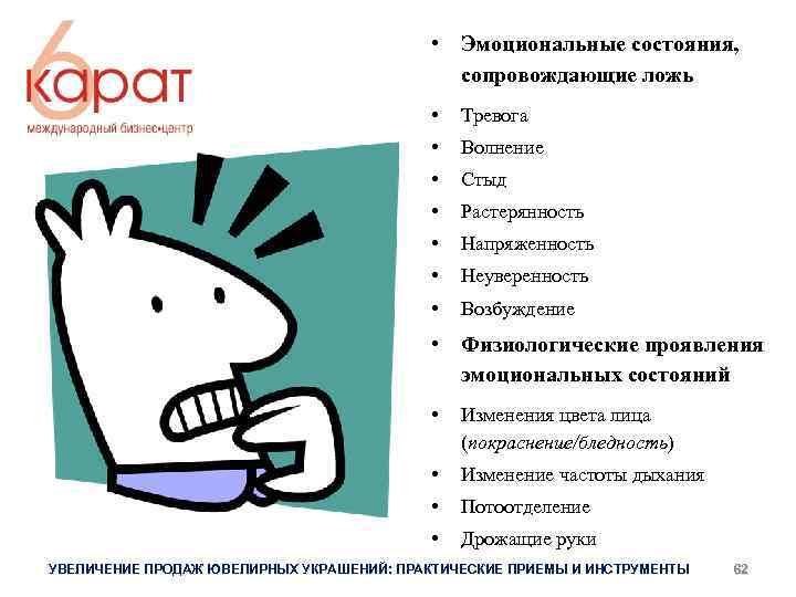  • Эмоциональные состояния, сопровождающие ложь • Тревога • Волнение • Стыд • Растерянность