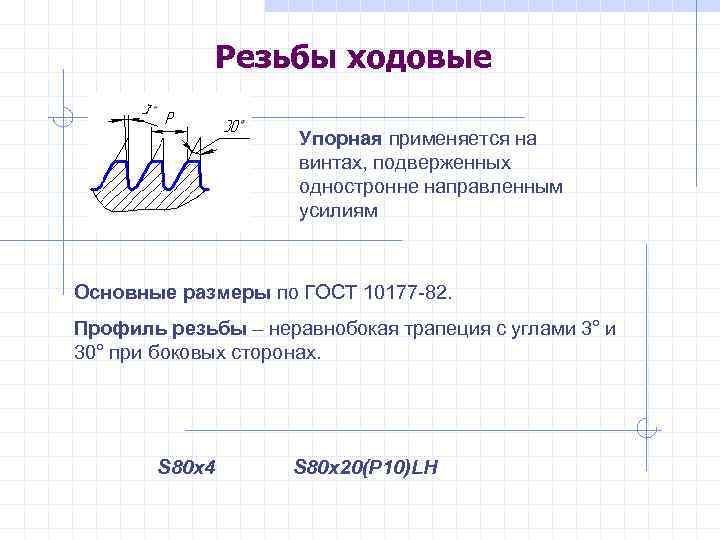 Резьбы ходовые Упорная применяется на винтах, подверженных одностронне направленным усилиям Основные размеры по ГОСТ
