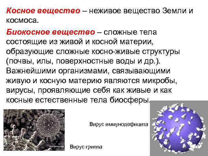 Косное вещество – неживое вещество Земли и космоса. Биокосное вещество – сложные тела состоящие