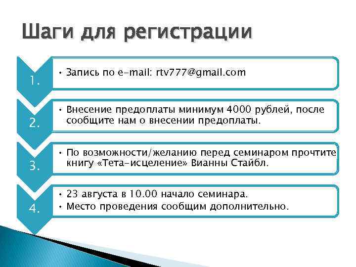 Шаги для регистрации 1. • Запись по e-mail: rtv 777@gmail. com 2. • Внесение