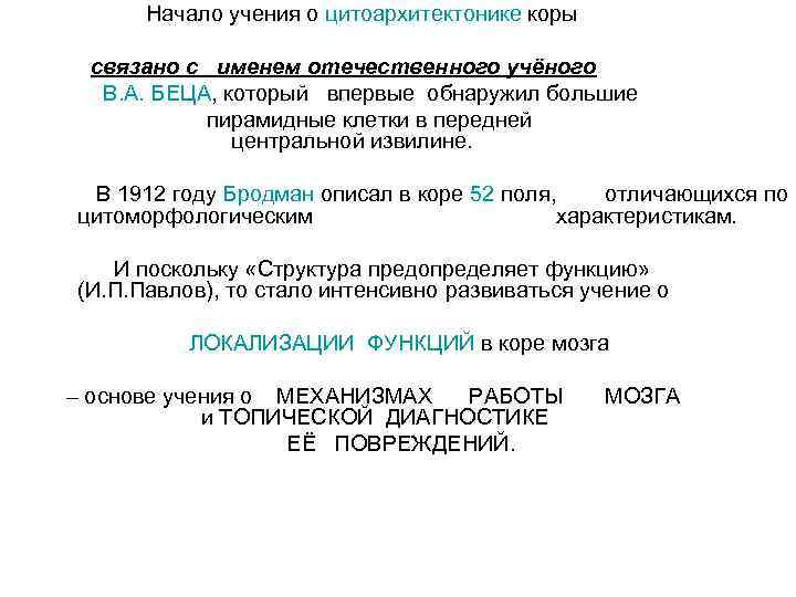  Начало учения о цитоархитектонике коры связано с именем отечественного учёного В. А. БЕЦА,