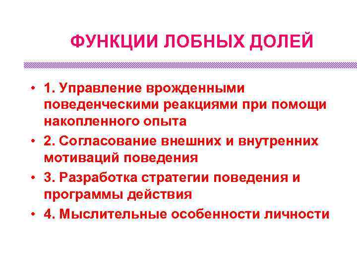 ФУНКЦИИ ЛОБНЫХ ДОЛЕЙ • 1. Управление врожденными поведенческими реакциями при помощи накопленного опыта •