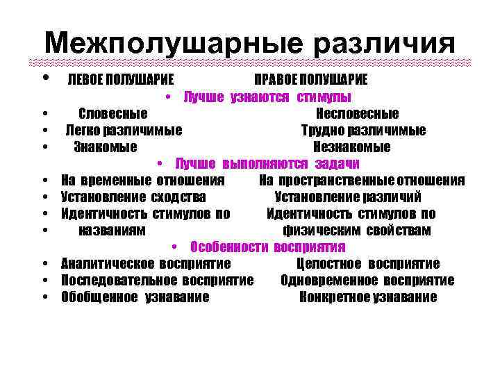 Межполушарные различия • • • ЛЕВОЕ ПОЛУШАРИЕ ПРАВОЕ ПОЛУШАРИЕ • Лучше узнаются стимулы Словесные