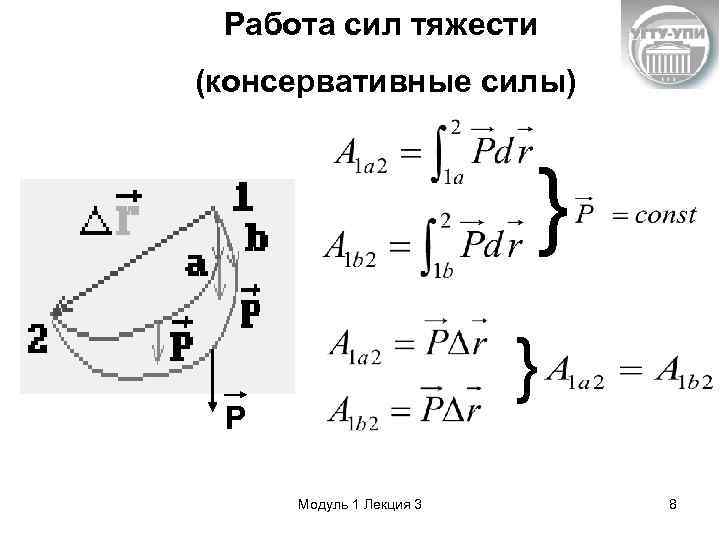Работа сил тяжести (консервативные силы) } } P Модуль 1 Лекция 3 8 