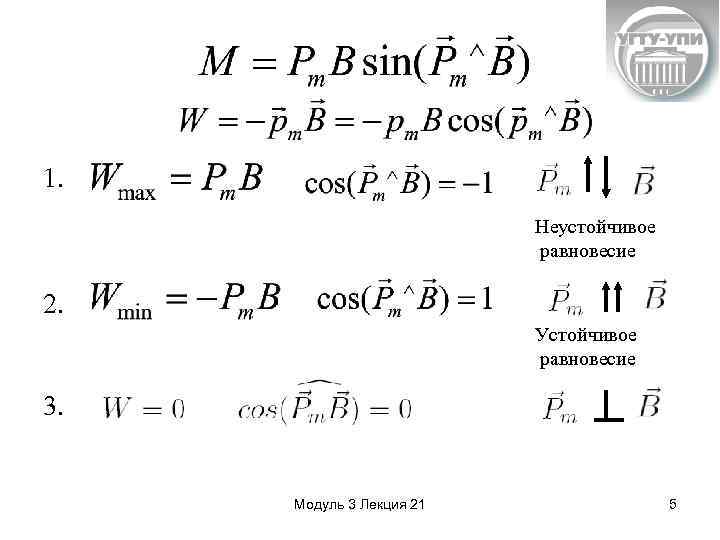 1. Неустойчивое равновесие 2. Устойчивое равновесие 3. Модуль 3 Лекция 21 5 