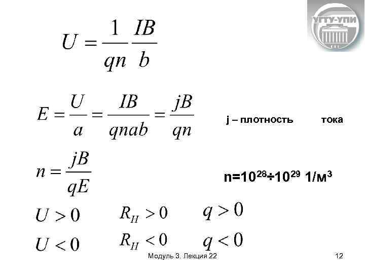 j – плотность тока n=1028÷ 1029 1/м 3 Модуль 3. Лекция 22 12 