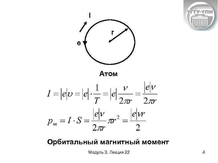 I r e Атом Орбитальный магнитный момент Модуль 3. Лекция 22 4 