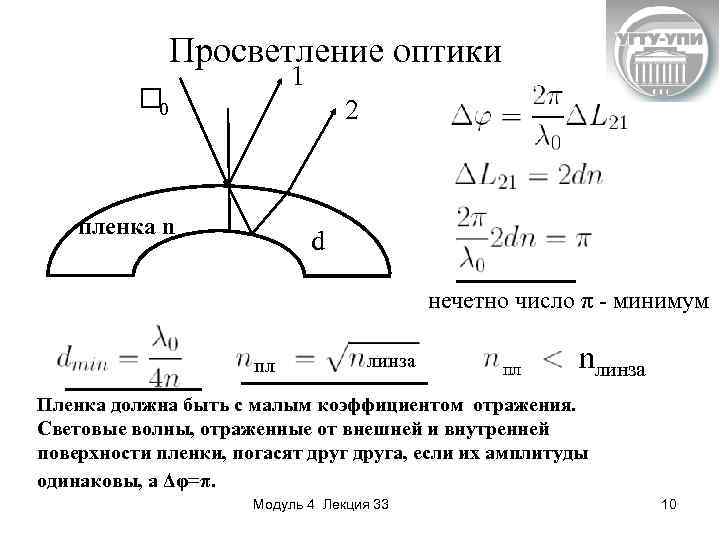 Просветление оптики 1 0 2 пленка n d нечетно число π - минимум пл