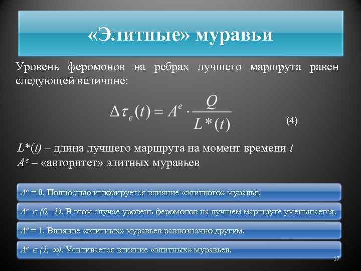  «Элитные» муравьи Уровень феромонов на ребрах лучшего маршрута равен следующей величине: (4) L*(t)