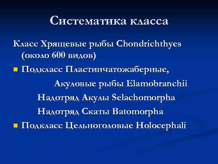 Систематика класса Класс Хрящевые рыбы Chondrichthyes (около 600 видов) n Подкласс Пластинчатожаберные, Акуловые рыбы