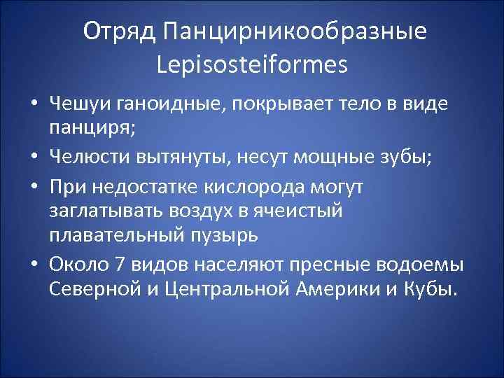 Отряд Панцирникообразные Lepisosteiformes • Чешуи ганоидные, покрывает тело в виде панциря; • Челюсти вытянуты,