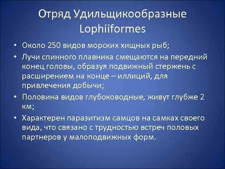 Отряд Удильщикообразные Lophiiformes • Около 250 видов морских хищных рыб; • Лучи спинного плавника