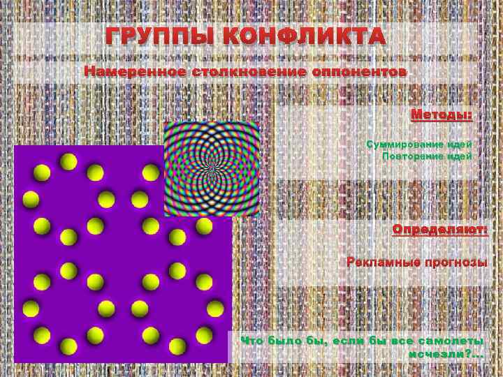 ГРУППЫ КОНФЛИКТА Намеренное столкновение оппонентов Методы: Суммирование идей Повторение идей Определяют: Рекламные прогнозы Что