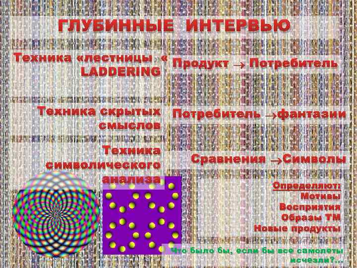 ГЛУБИННЫЕ ИНТЕРВЬЮ Техника «лестницы» LADDERING Продукт Потребитель Техника скрытых Потребитель фантазии смыслов Техника символического