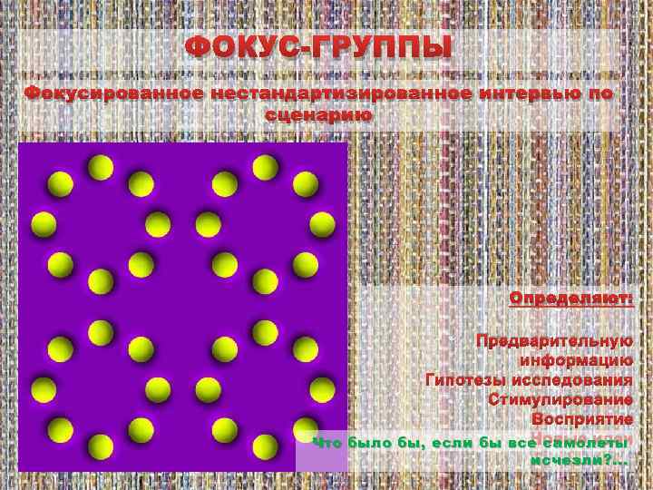 ФОКУС-ГРУППЫ Фокусированное нестандартизированное интервью по сценарию Определяют: Предварительную информацию Гипотезы исследования Стимулирование Восприятие Новые