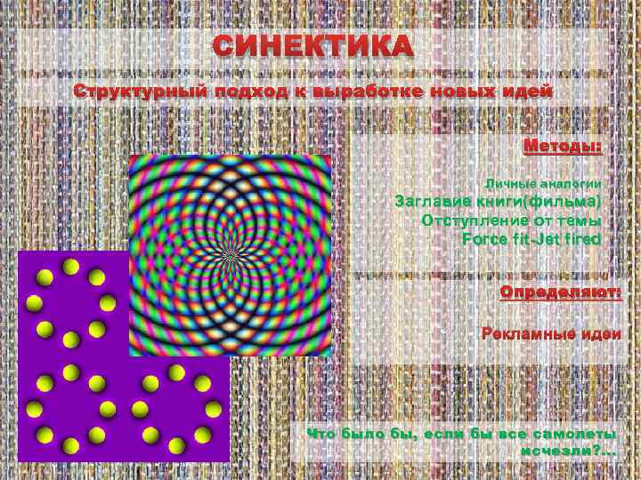 СИНЕКТИКА Структурный подход к выработке новых идей Методы: Личные аналогии Заглавие книги(фильма) Отступление от