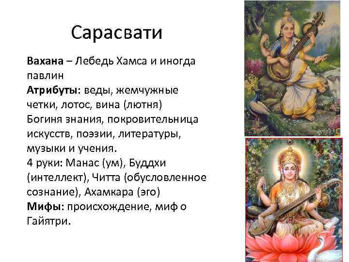 Сарасвати Вахана – Лебедь Хамса и иногда павлин Атрибуты: веды, жемчужные четки, лотос, вина