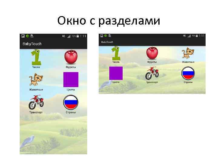 Окно с разделами 