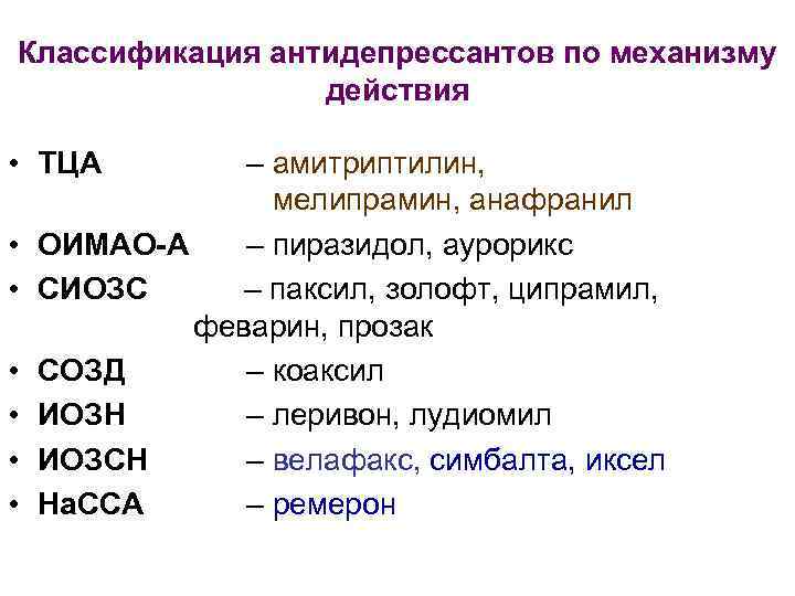 Классификация антидепрессантов по механизму действия • ТЦА • • • – амитриптилин, мелипрамин, анафранил