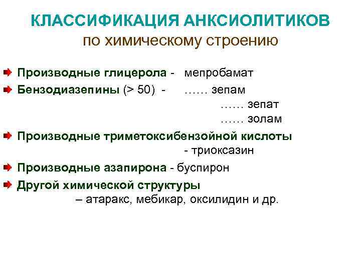 КЛАССИФИКАЦИЯ АНКСИОЛИТИКОВ по химическому строению Производные глицерола - мепробамат Бензодиазепины (> 50) …… зепам