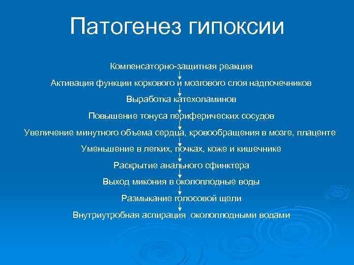 Патогенез гипоксии Компенсаторно-защитная реакция Активация функции коркового и мозгового слоя надпочечников Выработка катехоламинов Повышение