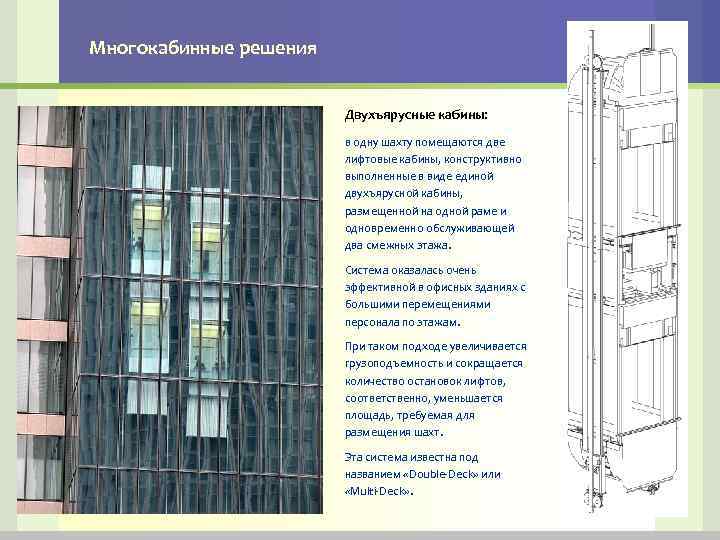 Многокабинные решения Двухъярусные кабины: в одну шахту помещаются две лифтовые кабины, конструктивно выполненные в