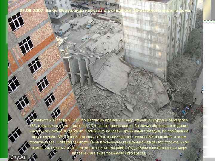 27. 08. 2007. Баку. Обрушение каркаса строящегося 16 -этажного жилого дома 28 августа 2007