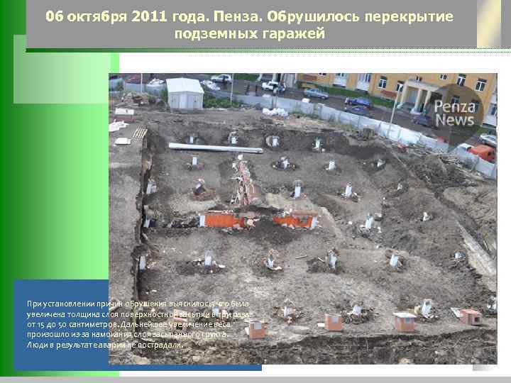 06 октября 2011 года. Пенза. Обрушилось перекрытие подземных гаражей При установлении причин обрушения выяснилось,